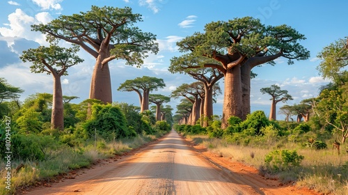 Majestic Baobab Trees Lining a Scenic Dirt Road Under Partly Cloudy Sky.