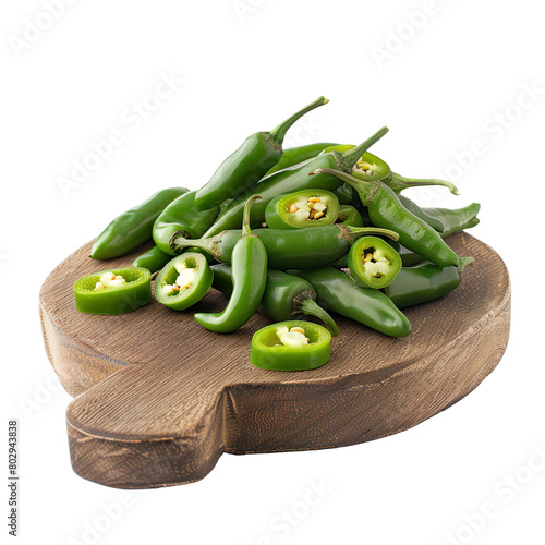 Front view of a pile of cut serrano peppers on a wooden chopping board isolated on a white transparent background