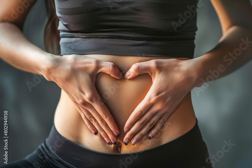 close up of woman hands making heart shape on her stomach, gut health and microbiome