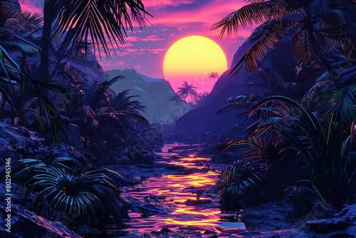 Fantasy landscape with river, palm trees and sunset, Ai Generated