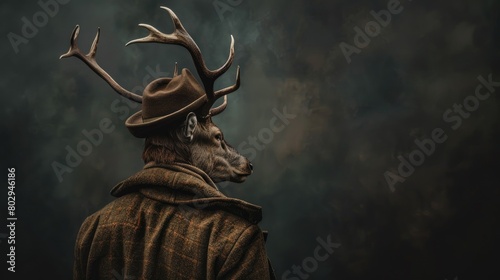 Portrait of an old man in a brown hat with deer antlers.