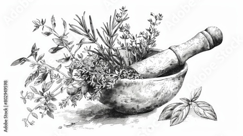 Illustration of a mortar filled with various herbs. Ideal for herbal medicine or cooking concepts