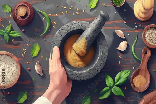 Person holding a mortar in a mortar bowl, suitable for culinary or herbal medicine concepts