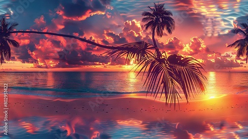  A painting of a sunset with palm trees in the foreground and the ocean in the background