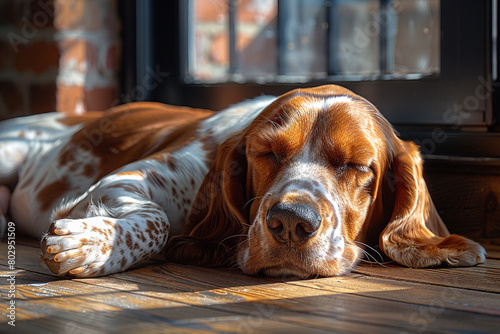 A contented basset hound snoozing in a patch of warm sunlight streaming through a window, ears twitching occasionally.