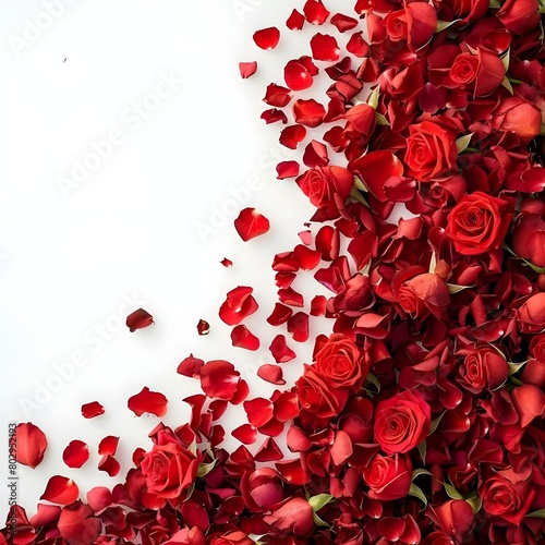 Bouquet of red roses with small hearts isolated on white red rose petals background 