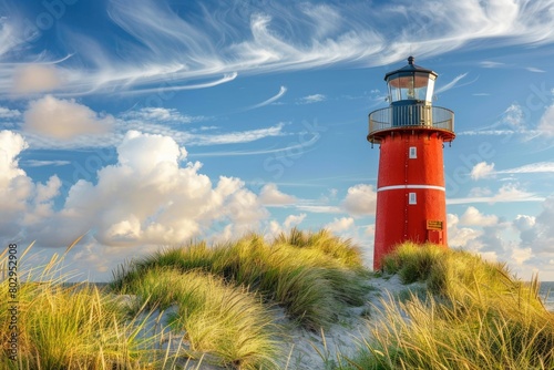 A picturesque red and white lighthouse on a sandy beach. Perfect for travel and coastal themes