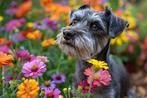 A curious schnauzer investigating a colorful flowerbed in a backyard garden.