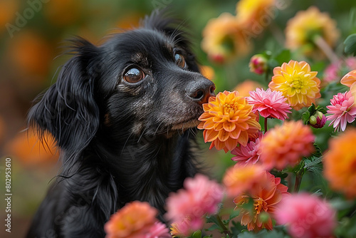 A dachshund with floppy ears sniffing a colorful bouquet of flowers in a garden.