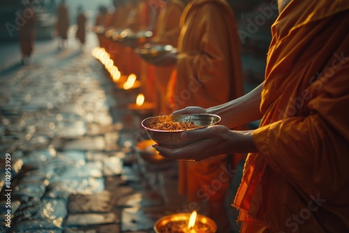 Group of monks holding bowls of food, suitable for religious or charity concepts