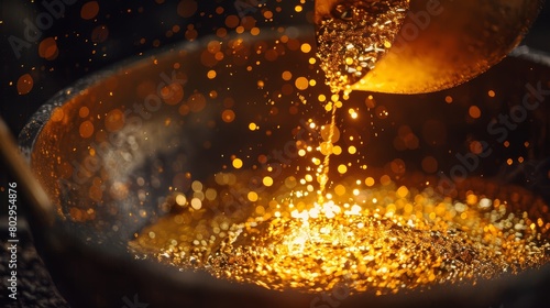 Close-up image of the gold refinement process, capturing the precision and skill as impurities are removed from molten gold, revealing its pure, brilliant essence