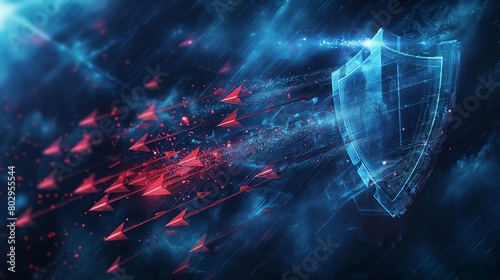 A data protection shield, pulsating with energy, deflecting a barrage of digital arrows symbolizing various cyber threats, set against a dark, stormy cyberspace background. 