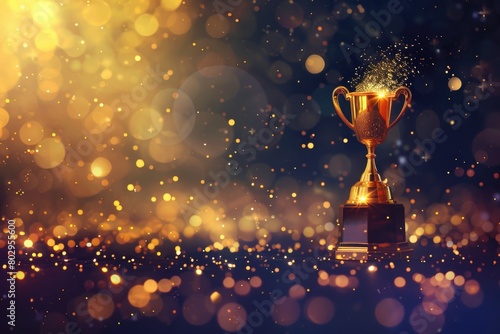 A golden trophy displayed on a table with bokeh lights in the background. Suitable for sports, achievement, and success concepts
