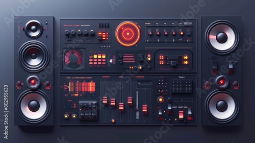 A DJ controller with speakers on a dark background. Perfect for music events and electronic music promotions