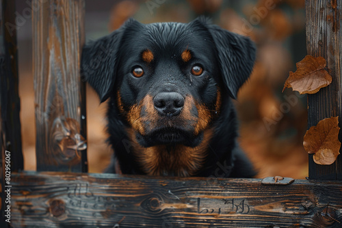 A loyal rottweiler standing guard beside a wooden gate, ears perked up attentively as it watches over its home.