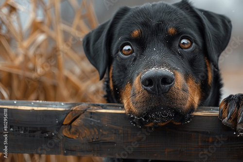 A loyal rottweiler standing guard beside a wooden gate, ears perked up attentively as it watches over its home.