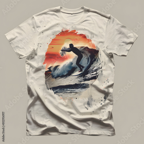 A white tshirt featuring a surfer image, creatively painted in carmine hues