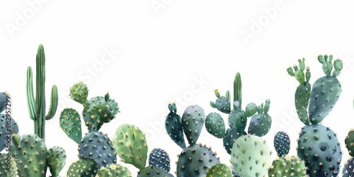 Group of green cactus plants against a white backdrop. Ideal for botanical designs