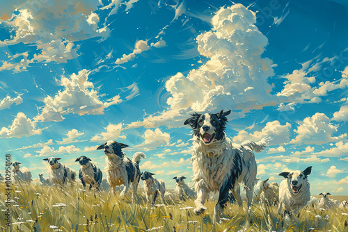 A pair of energetic border collies herding sheep under a vast blue sky dotted with fluffy white clouds.