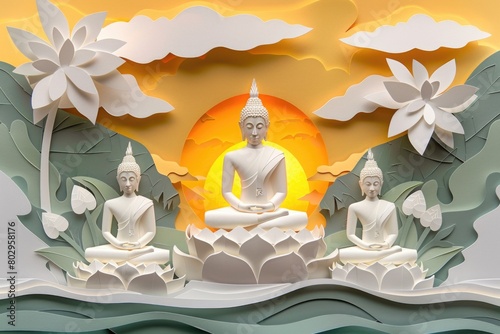 Group of Buddha statues on a green field, suitable for spiritual and nature concepts