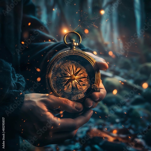 AI generated illustration of a person holding a vintage compass emitting sparks