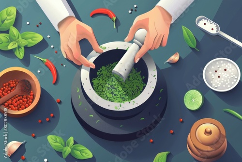 A person using a mortar to make pesto. Ideal for culinary concepts
