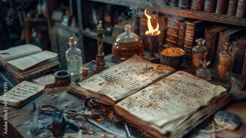 Detailed view of ancient alchemical texts and tools with a small furnace transforming substances into gold, emphasizing the blend of science and mysticism in alchemy
