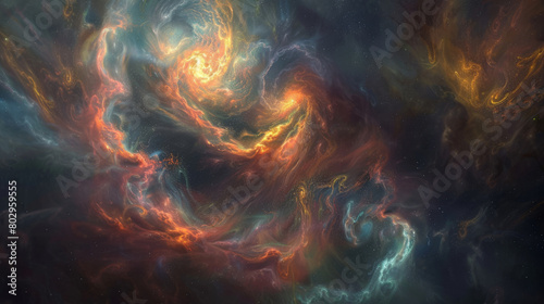 Vibrant digital art of swirling nebula formations, resembling a cosmic dance of colors