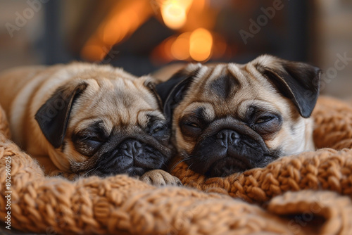 A pair of playful pug puppies wrestling on a cozy blanket by the fireplace.