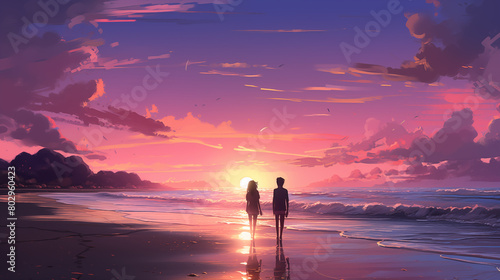 Couple walking hand in hand on beach sunset 2D cartoon illustration. Seaside romance lofi wallpaper background lo-fi art. Girlfriend boyfriend together flat image cozy chill vibe