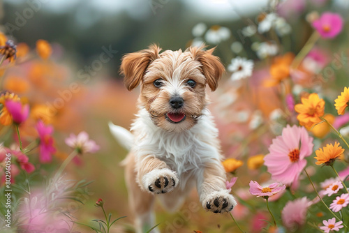 A pair of playful terrier puppies romping through a field of colorful wildflowers, tails wagging in excitement.
