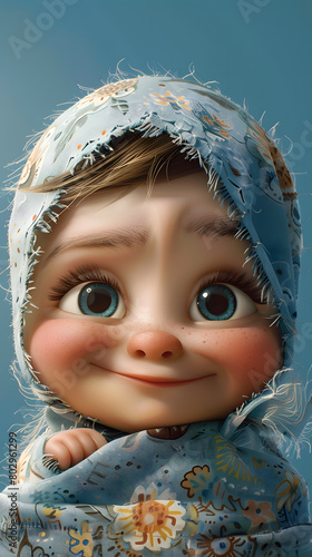 A toy baby doll with a blue scarf is smiling, showing happy eyes and cheeks