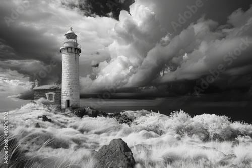 Black and white image of a lighthouse, perfect for maritime themes