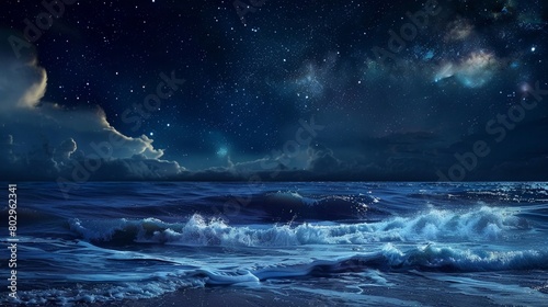 Peaceful blue waves rolling under a starry night sky, a serene blend of nature s beauty at night