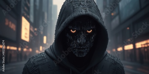 The face of the man in a hood is covered by pixels
