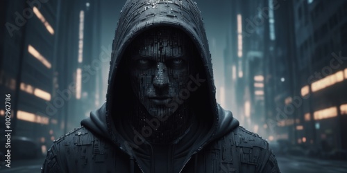 The face of the man in a hood is covered by pixels