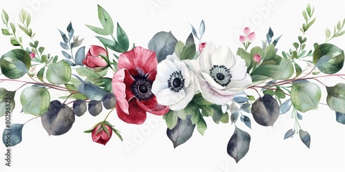 Beautiful watercolor painting of anemones and eucalyptus leaves, perfect for botanical designs