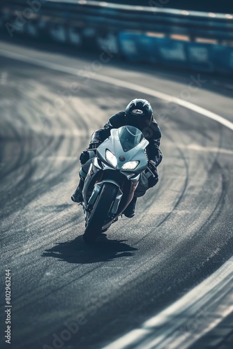 A person riding a motorcycle on a track. Suitable for sports and adventure themes