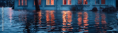 Subtle reflections in a flooded house at dusk, conveying a sense of calm despite the chaos