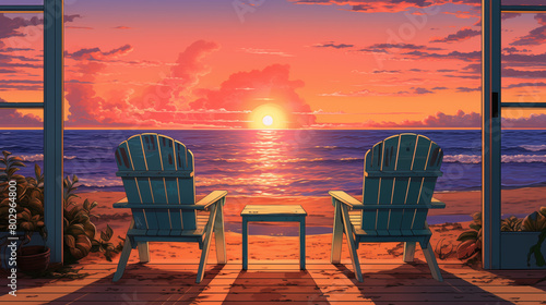Adirondack chairs facing stunning ocean sunset 2D cartoon illustration. Patio glass doorway beach lofi wallpaper background lo-fi art. Beachfront seaside flat image cozy chill vibe