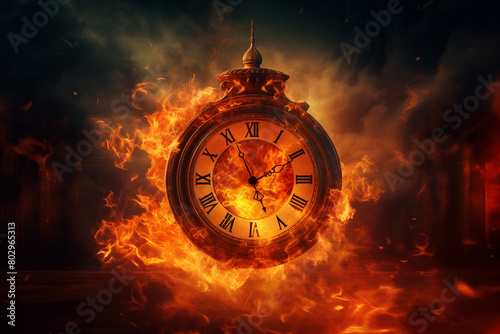 A clock on fire, clock on fire is isolated on a black color background. time is money concept.