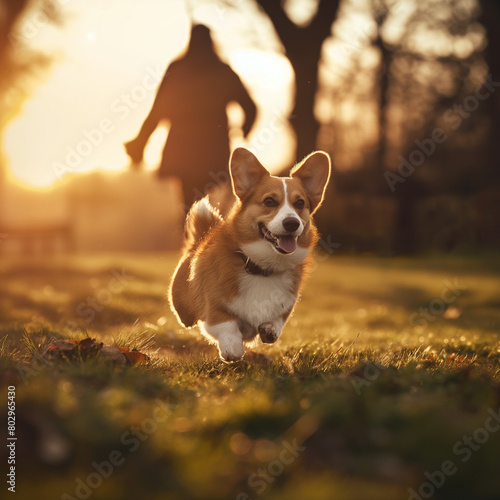 welsh corgi in park with owner