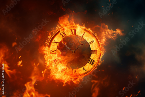 A clock on fire, clock on fire is isolated on a black color background. time is money concept.