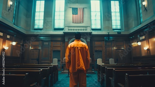 Solemn courtroom scene with a person in orange jumpsuit standing. Legal concept depiction, justice theme illustration. Modern cinematic style image, suitable for diverse media use. AI