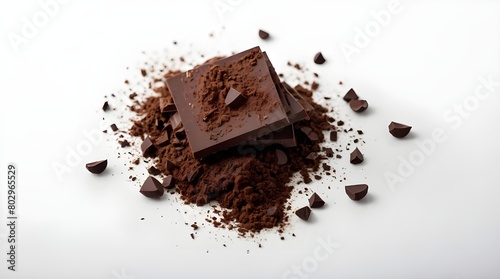 Pile chopped, milled chocolate on white background, coffee beans and chocolate
