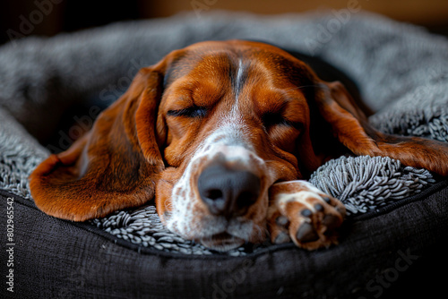 A sleepy basset hound snuggled up in a cozy dog bed, one ear flopped over its eyes as it dozes off.