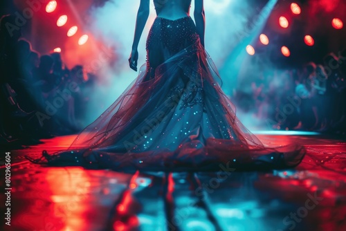 A woman in a long dress standing on a stage. Suitable for performance or event concepts
