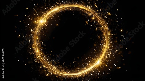 Gold glitter circle of light shine sparkles and golden spark particles in circle frame on black background.