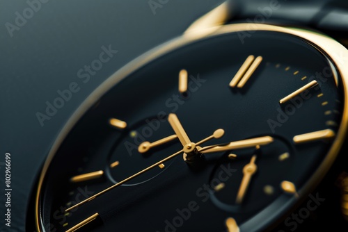 Detailed image of a stylish black and gold watch, perfect for luxury and fashion concepts