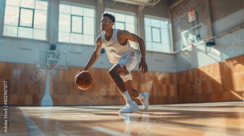 Dynamic shot of a young biracial man dribbling a basketball on an indoor court, focused on the game